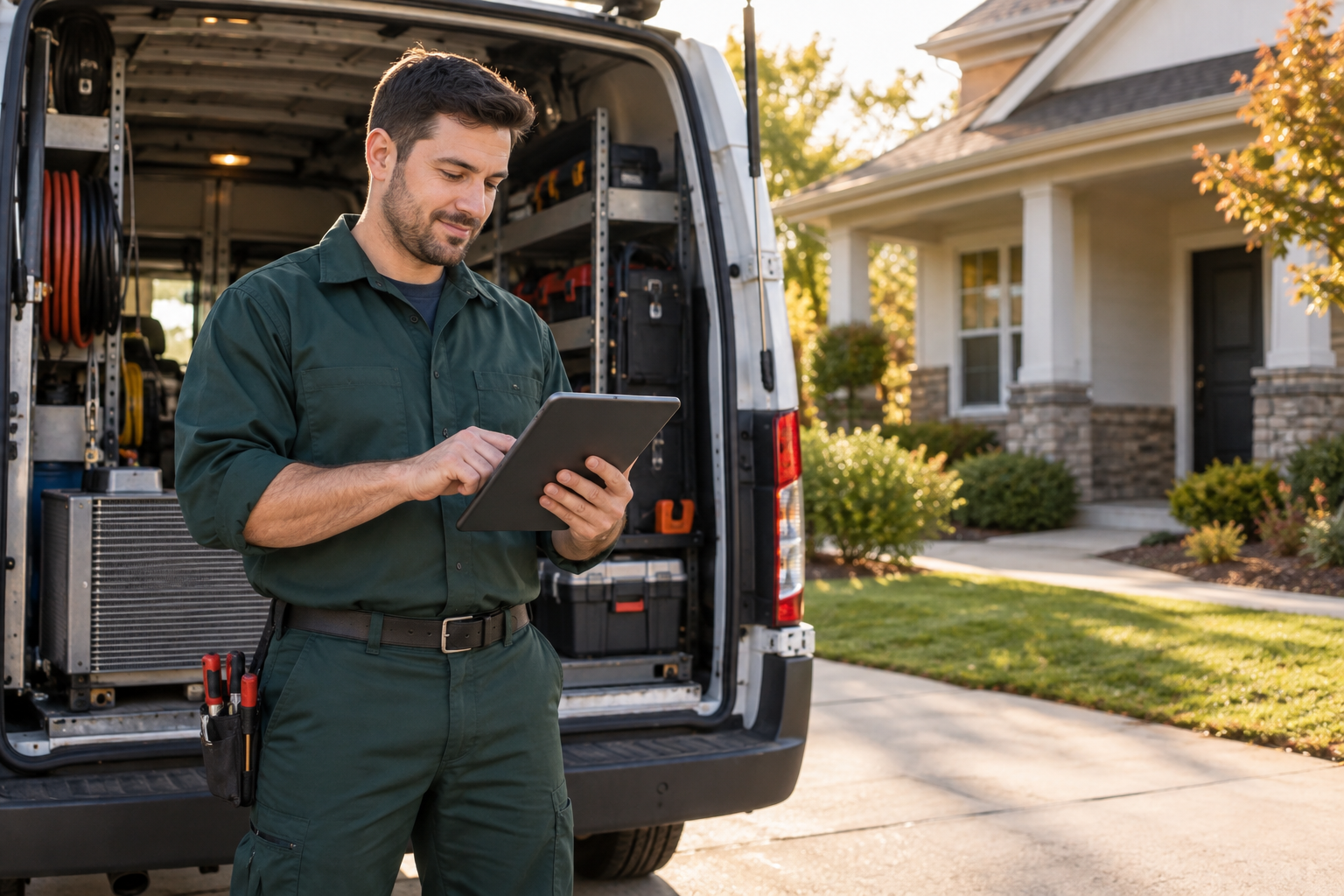 Illustrative scene of a home-service technician reviewing a tablet beside a service van.